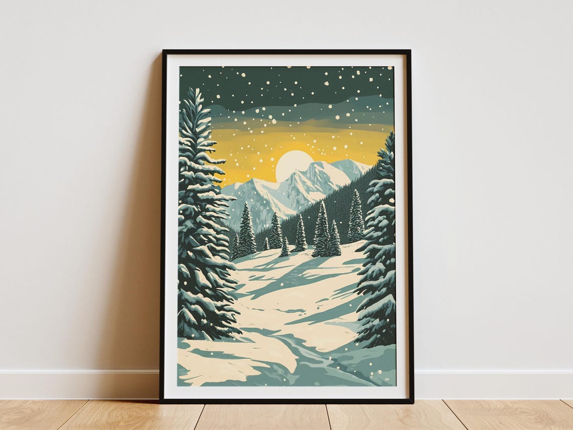 Golden Sun Over a Snowy Pine Valley with Light Falling Snow Poster