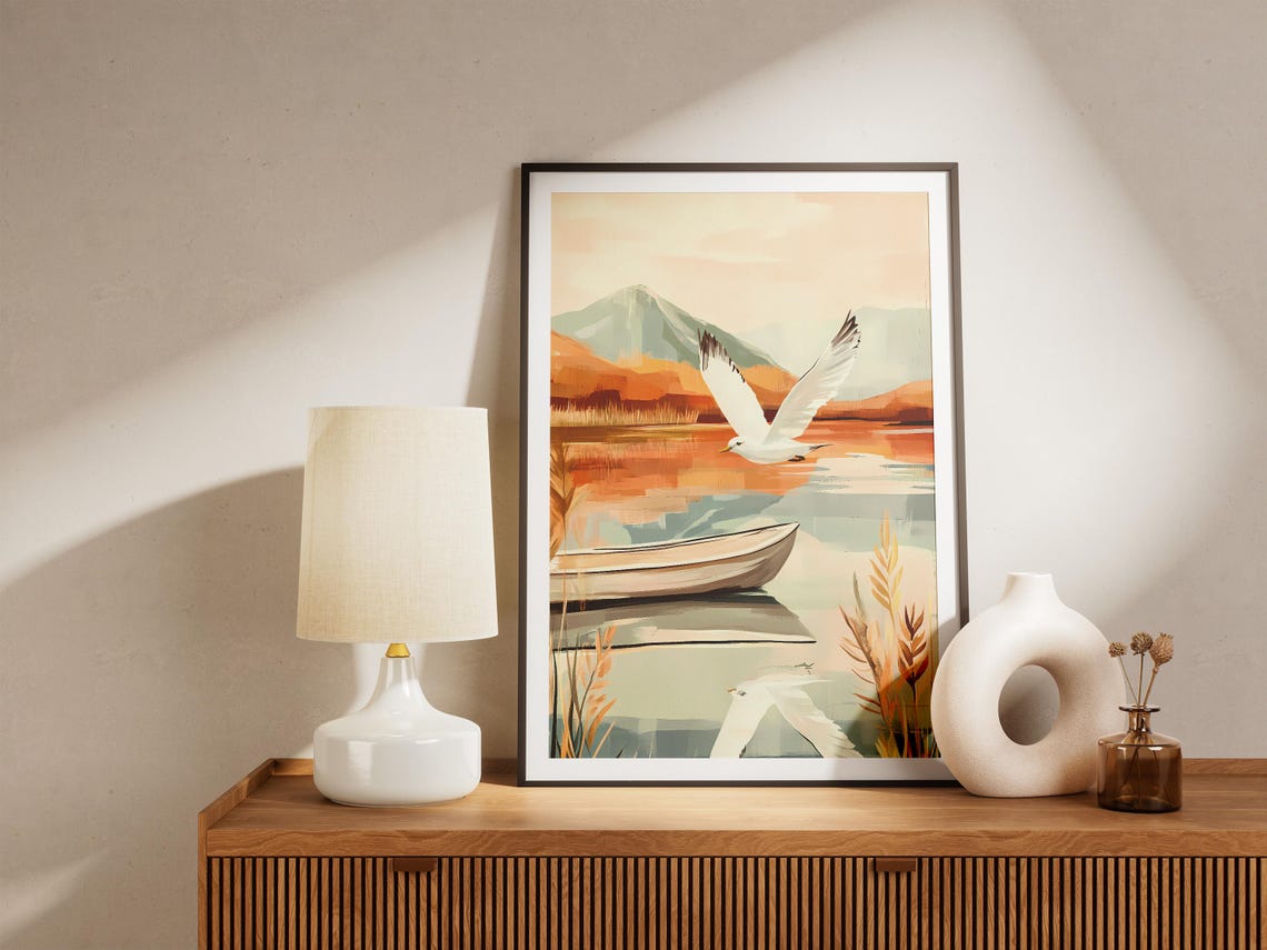 White Seagull Soaring Over a Wooden Canoe on an Autumn Lake Poster - Image 5