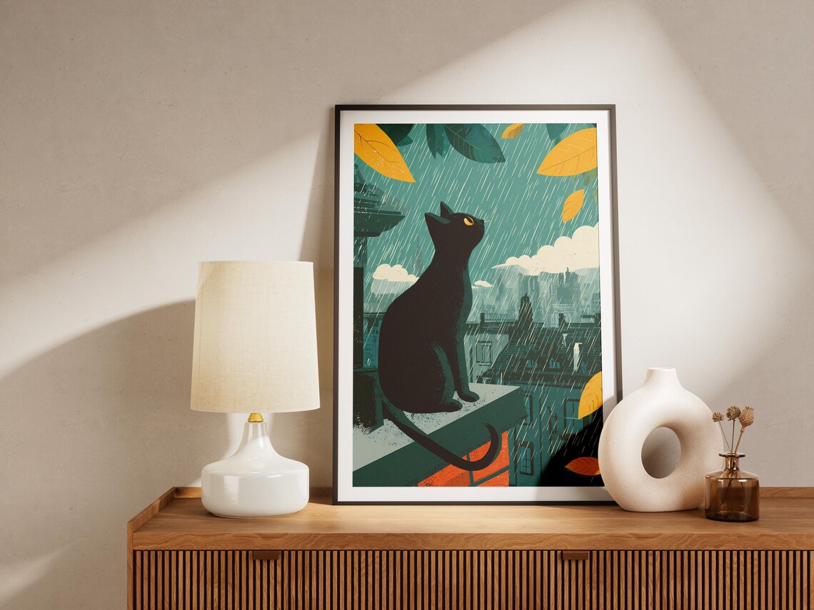 Black Cat Rainy Rooftop Whimsical Travel Style City Art Poster - Image 4