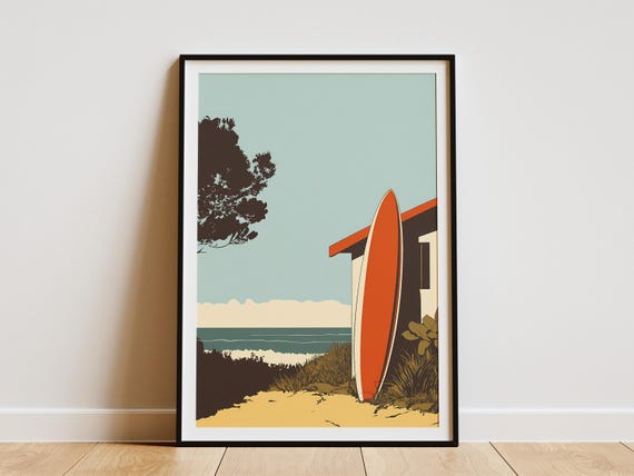 Beach Shack Surfboard Minimalist Poster Print Orange And Beige Coastal Wall Art Summer Vacation Home Decor Ocean View Artwork