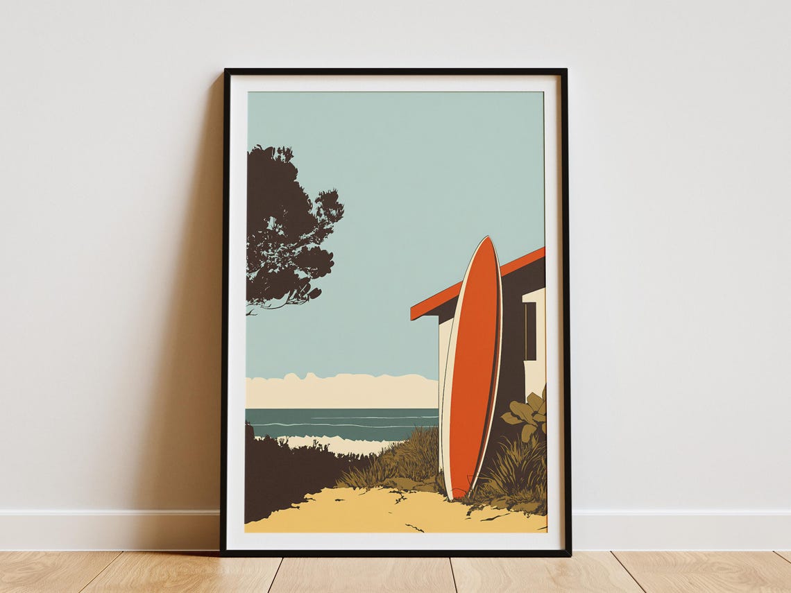 Beach Shack with Orange Surfboard Retro Minimalist Surf Poster