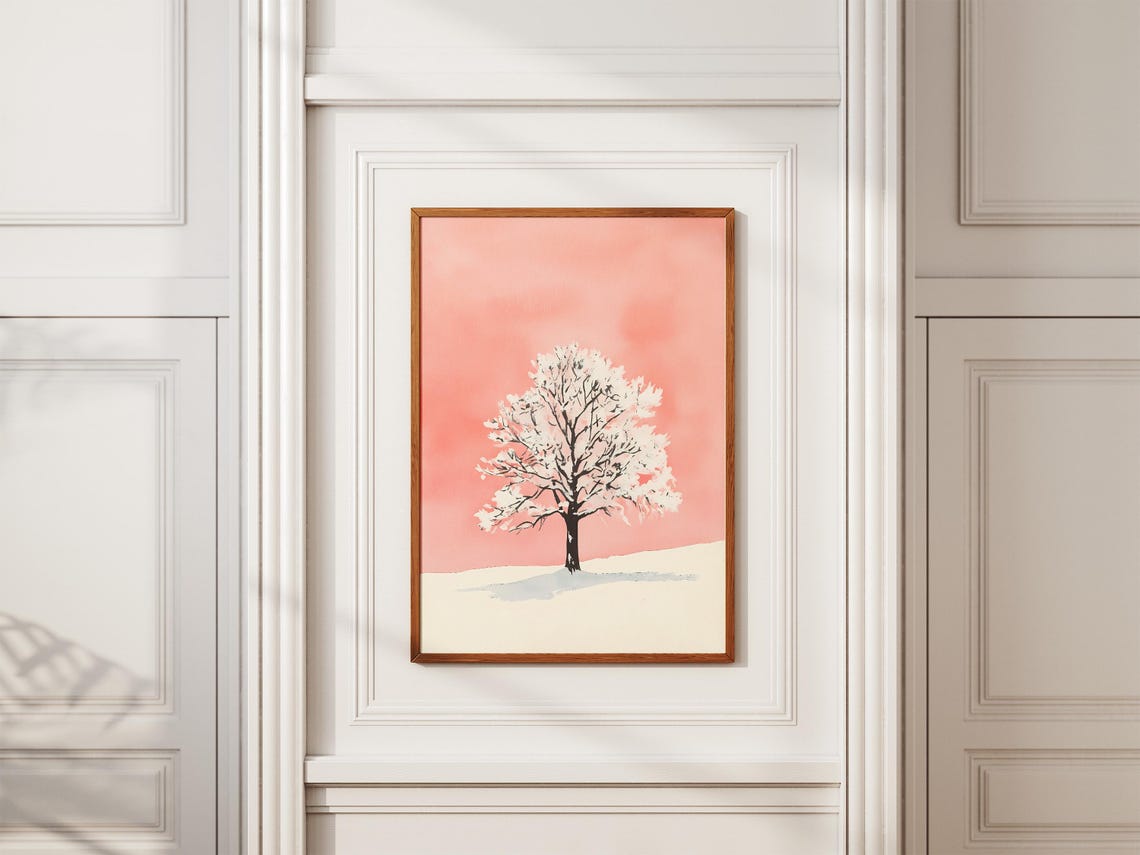 Lone Snowy Tree Under Soft Pink Sky Minimalist Watercolor Poster - Image 2