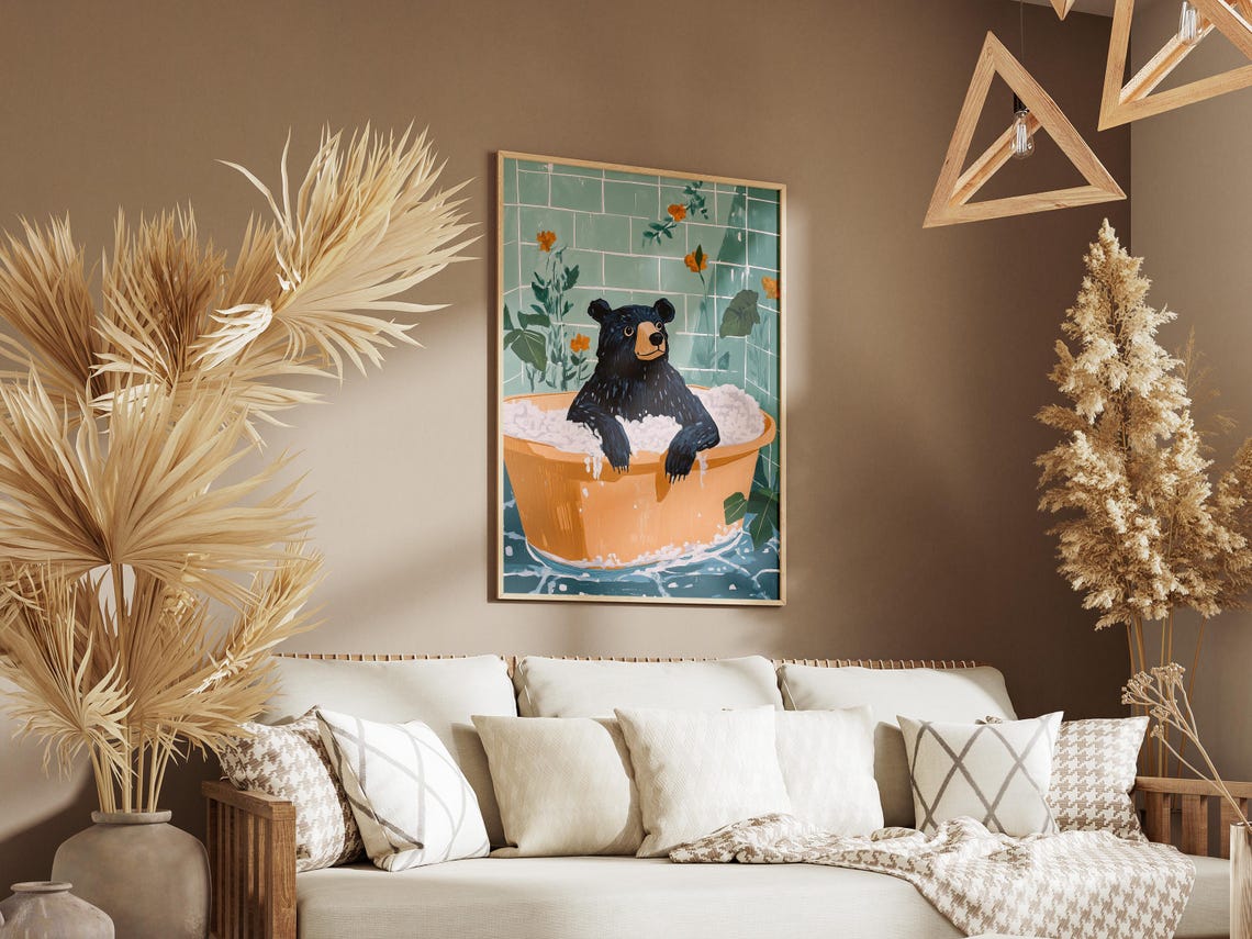 Smiling Black Bear Relaxing in a Foamy Orange Bathtub Poster - Image 3