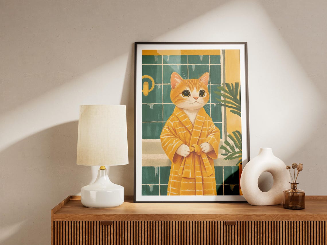 Orange Tabby Kitten in Yellow Bathrobe Green Tiled Bath Poster - Image 4