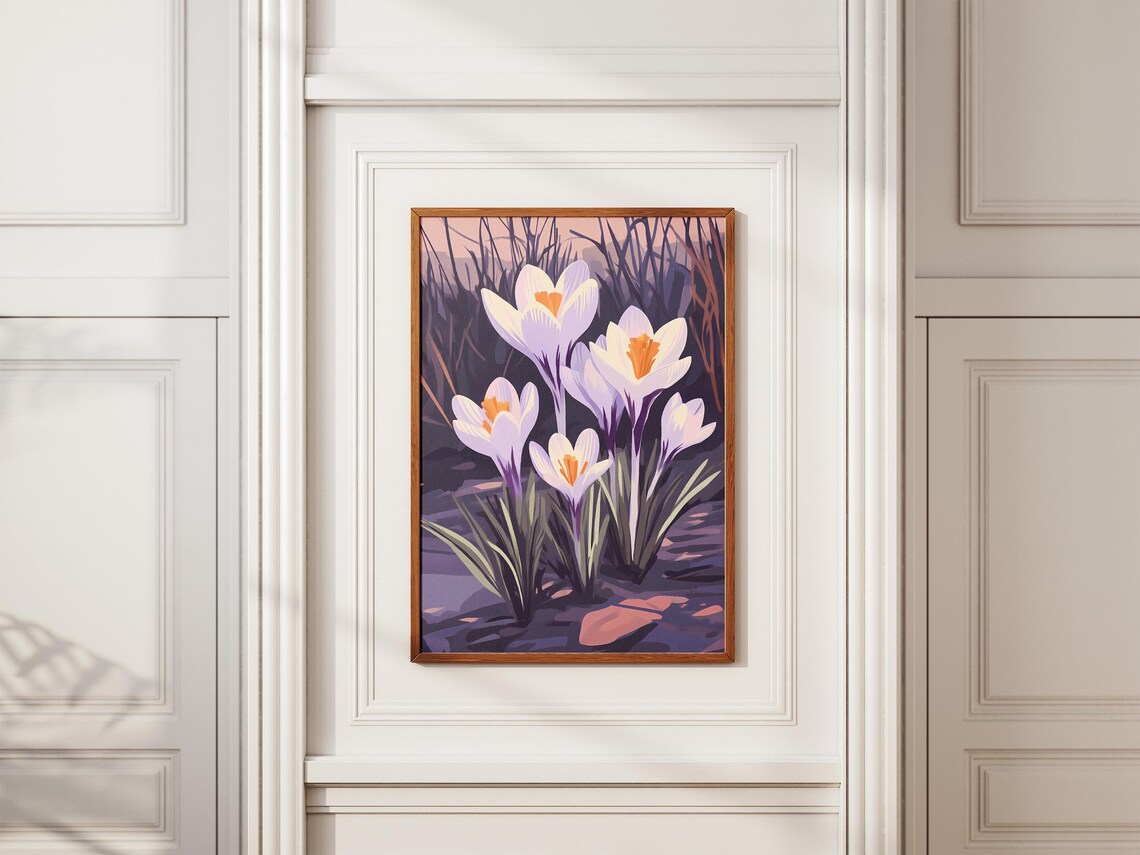White Crocus Flowers in Purple Twilight Poster of Early Spring Bloom - Image 2