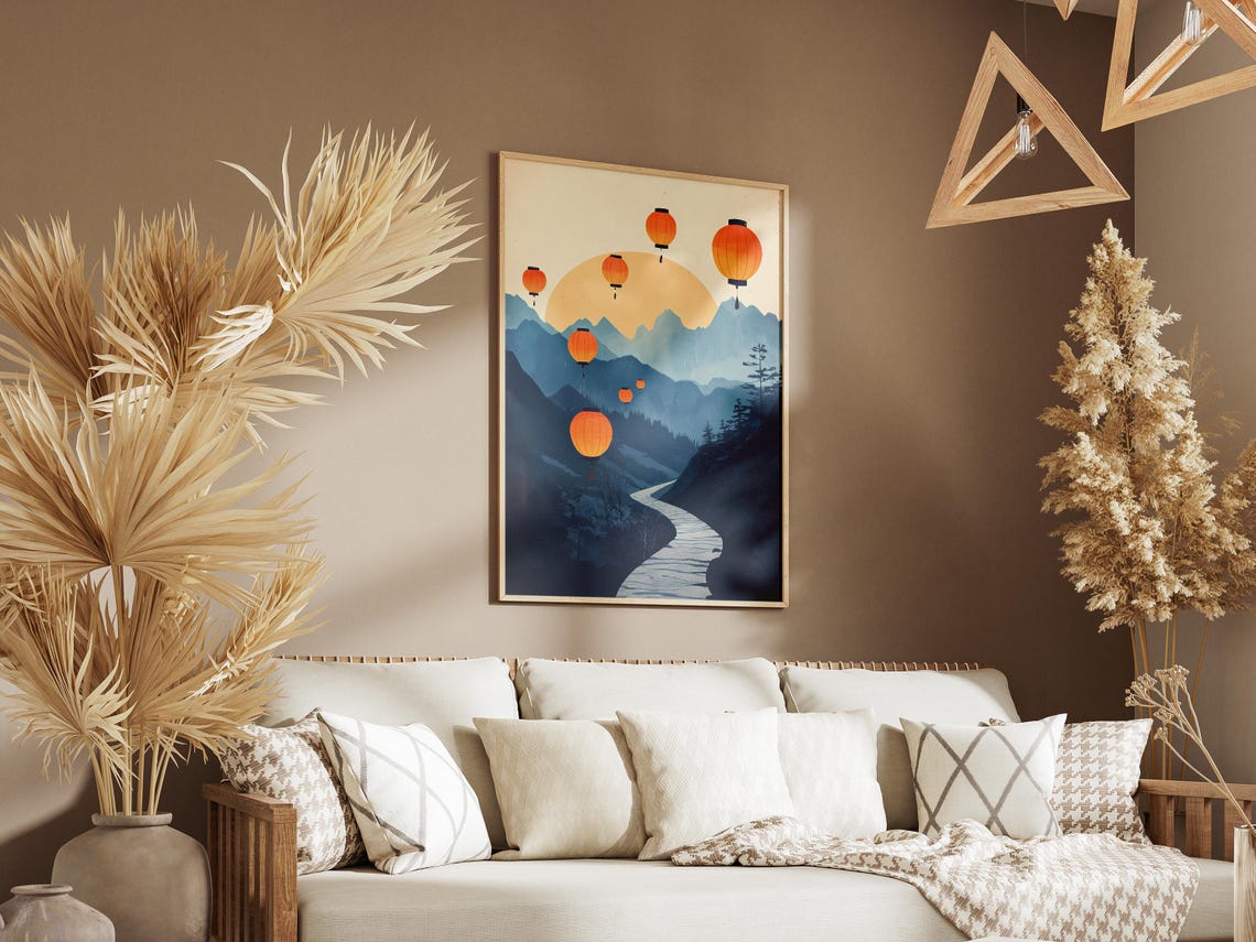 Floating Orange Paper Lanterns Blue Mountain Valley Scene Poster - Image 3
