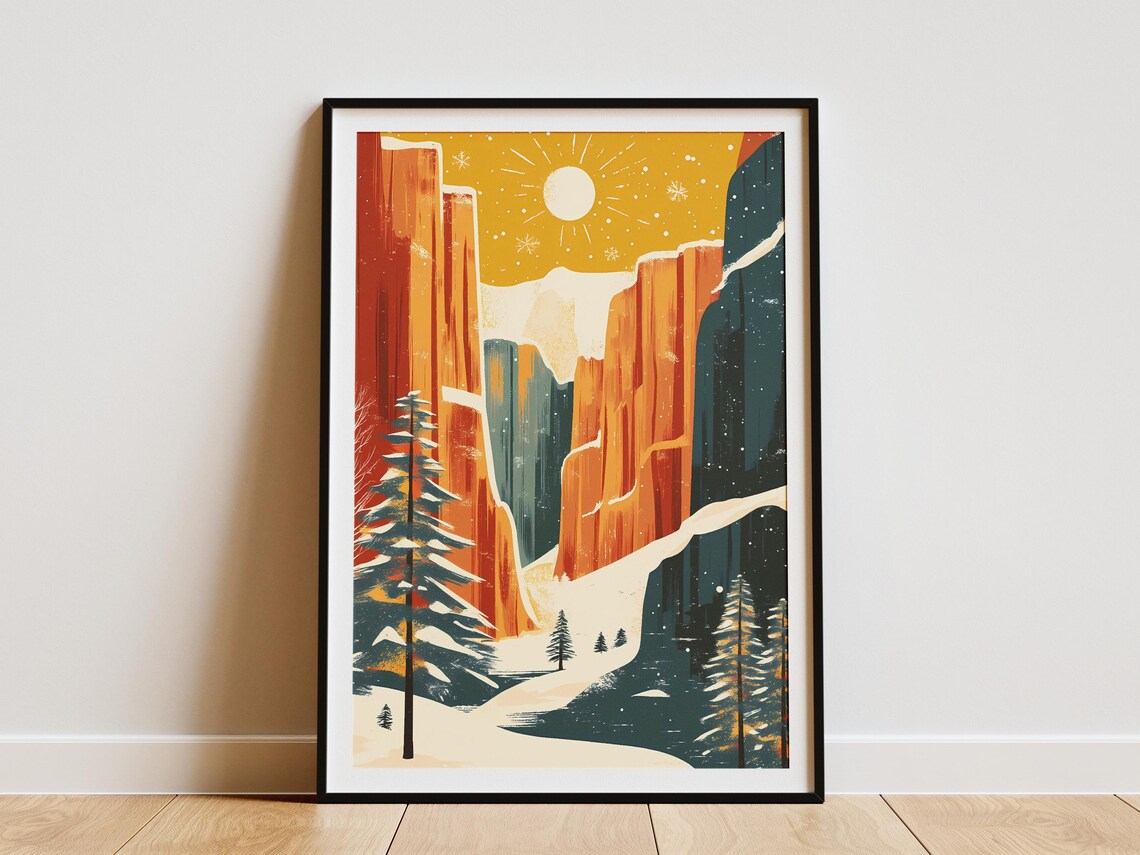 Zion National Park Red Rock Canyon in Winter Snow with Pines Poster