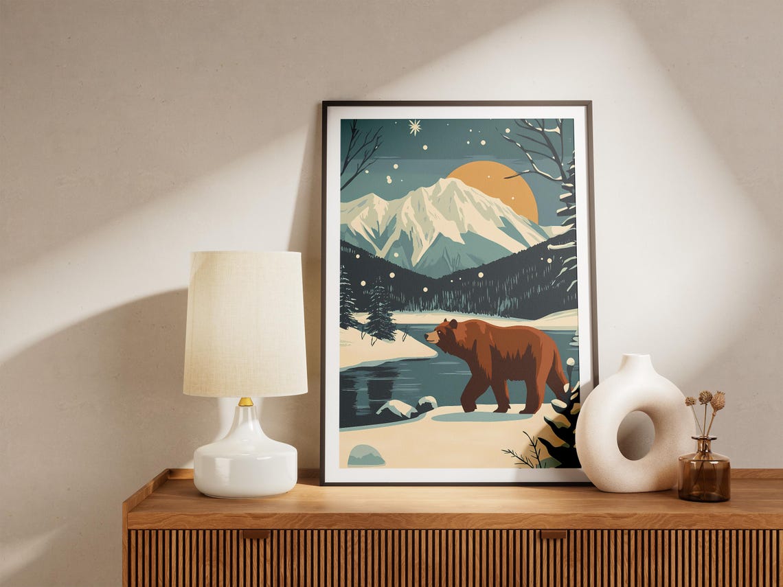 Brown Bear Walking Beside Snowy Mountain Lake At Sunset Poster - Image 4