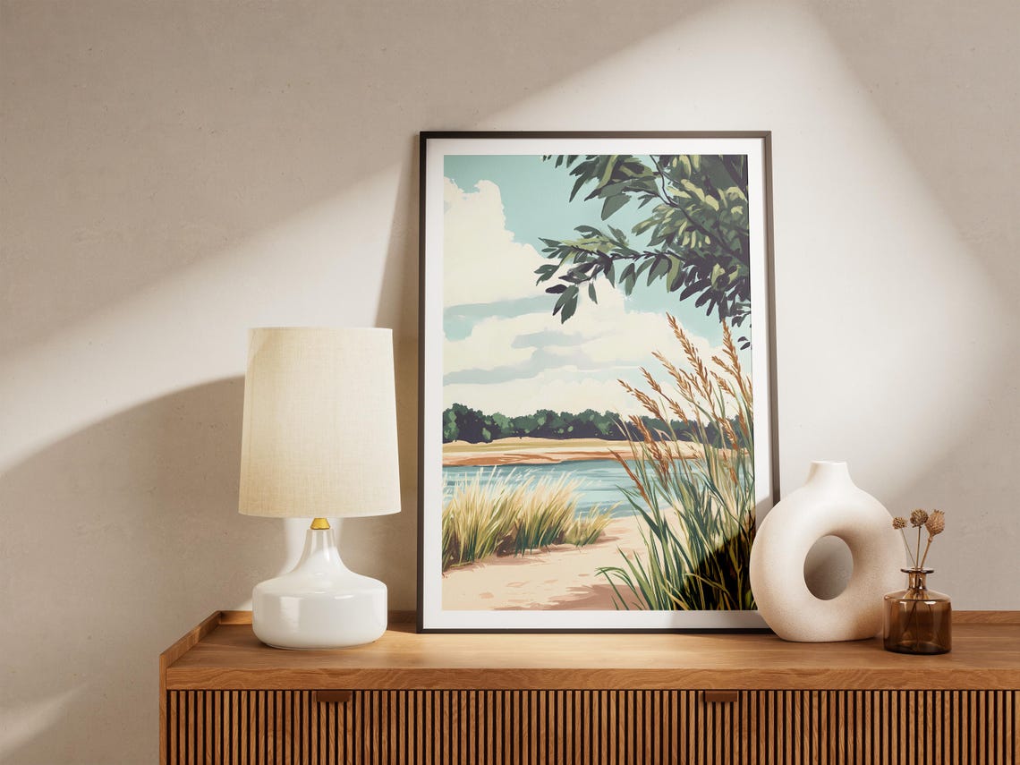 Calm Lakeside Reeds on a Sandy Shore Modern Landscape Poster - Image 5