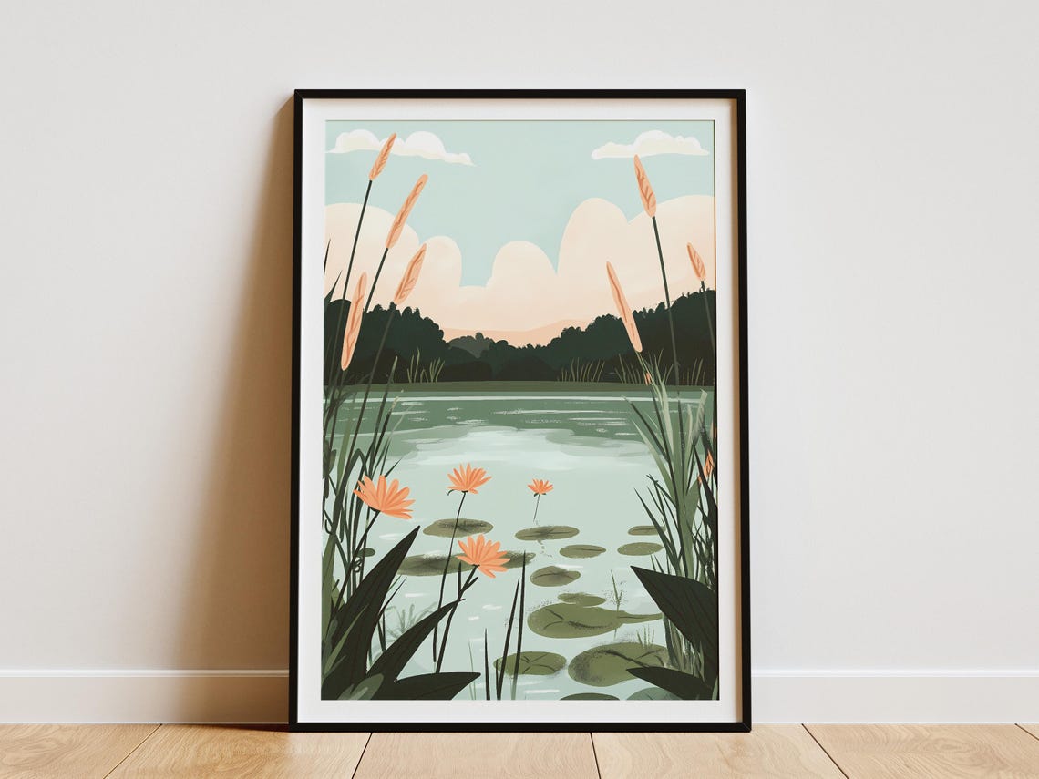 Orange Water Lilies Dawn Pond Lily Pads Reeds Serene View Poster