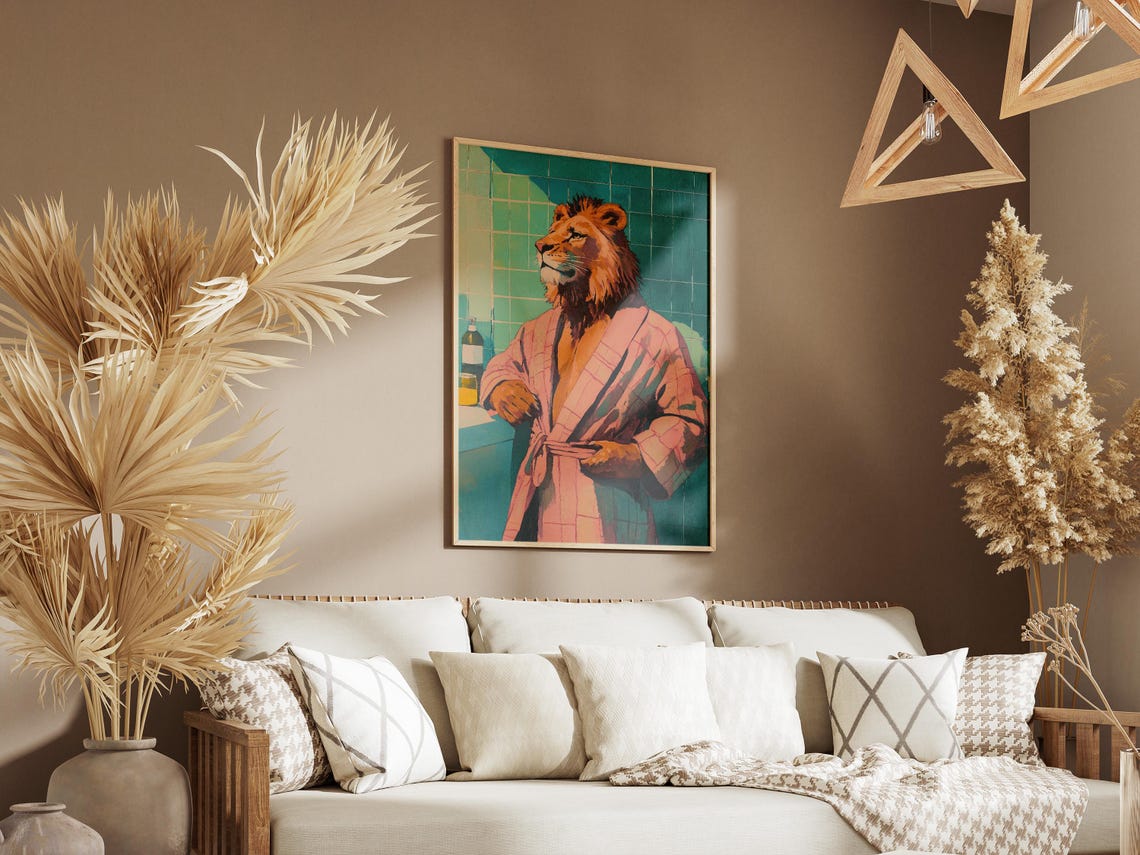 Lion Pink Plaid Bathrobe Teal Bathroom Funny Modern Animal Art Poster - Image 3
