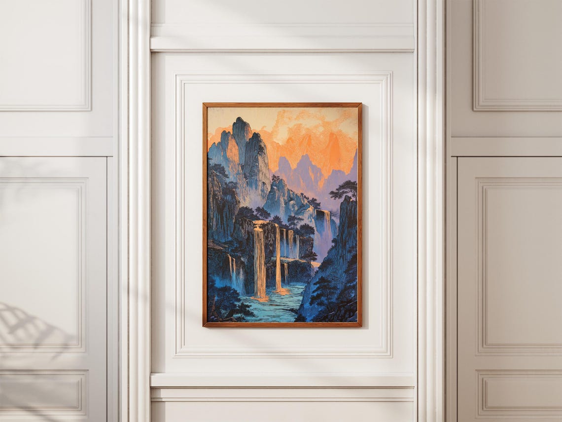Sunset Waterfalls and Jagged Mountain Peaks Japanese Art Poster - Image 2
