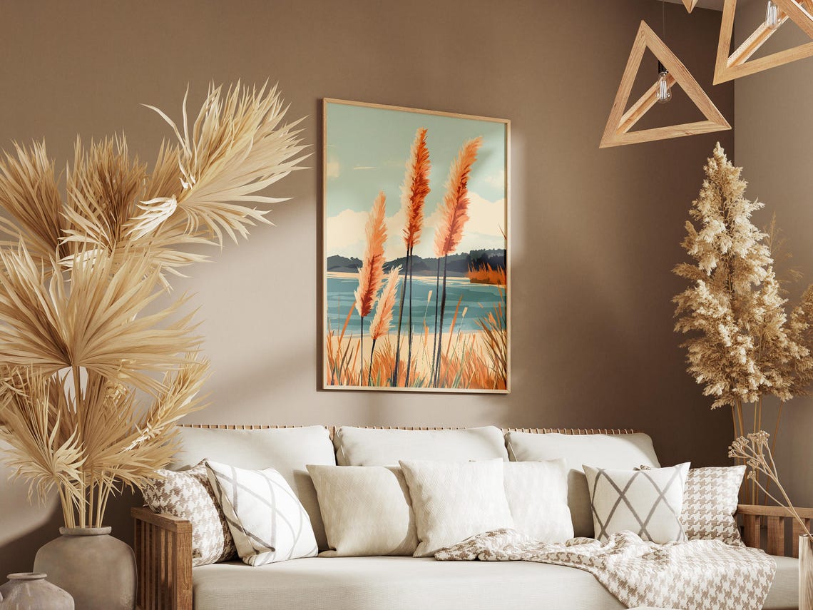 Tall Coral Pampas Plumes Above A Teal Bay Beach Landscape Poster - Image 3