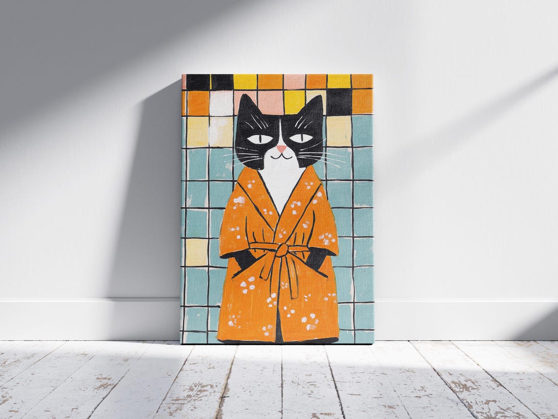 Cute Cat In Bathrobe Posterfunny Art Printwhimsical Pet Printbathroom Decororange And Black Catmodern Illustrationunique - Image 2