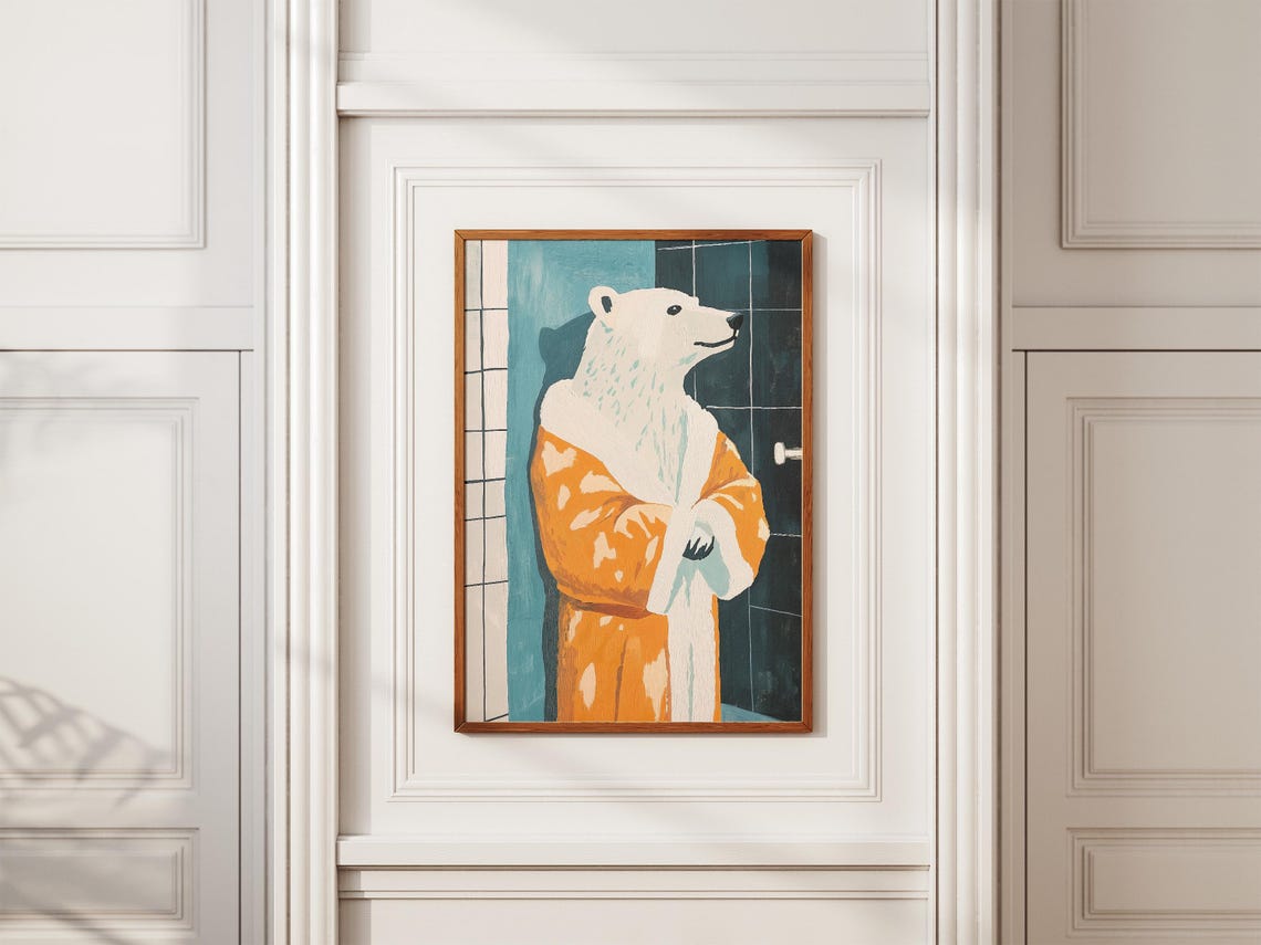 Smiling Polar Bear In Orange Bathrobe Retro Bathroom Art Poster - Image 2