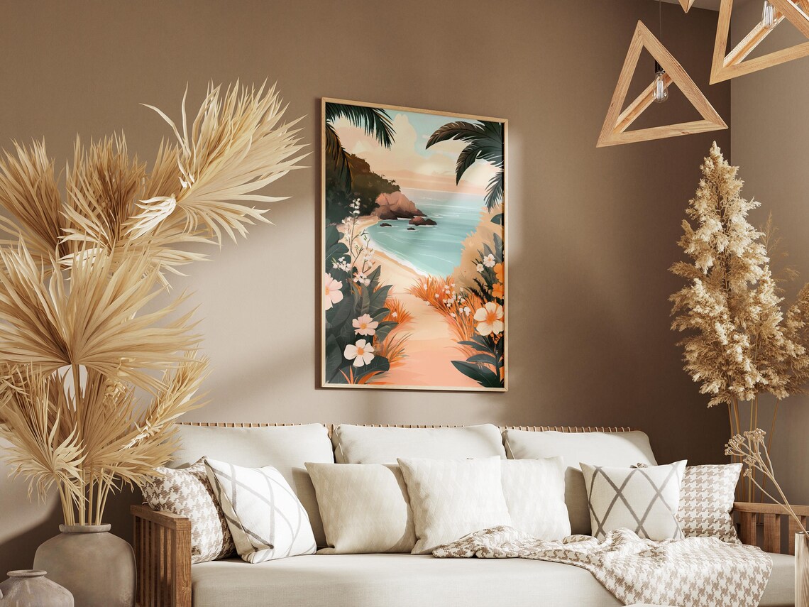 Tropical Beach Path White Flowers Palm Trees Illustration Poster - Image 3