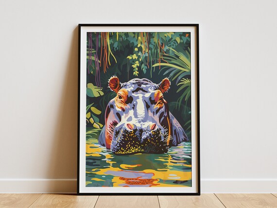 Hippopotamus River Travel Poster Abstract Minimalist Art Wall Decor Jungle Animal Print African Wildlife