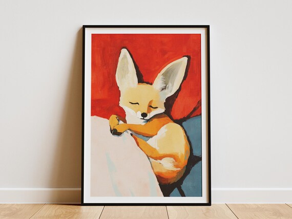 Fennec Fox Curled Up Sleeping on Cushions Against a Bold Red Art Poster