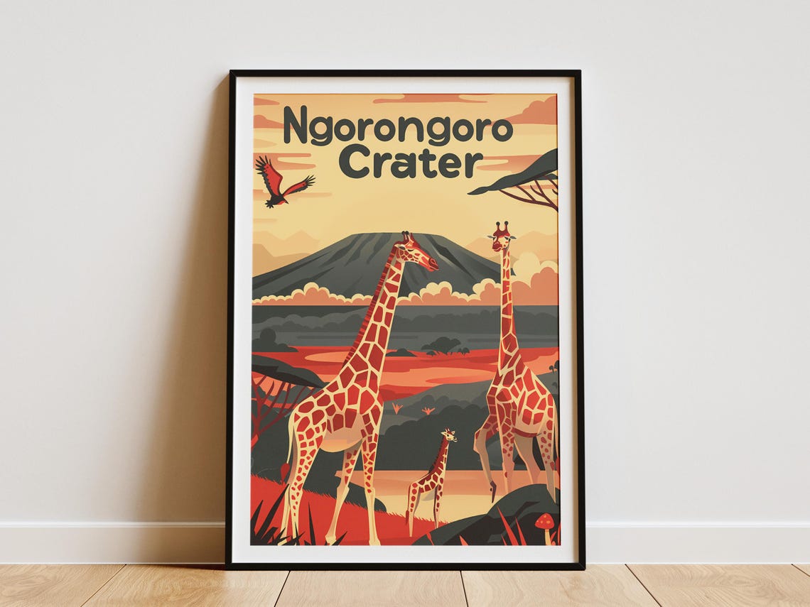 Ngorongoro Crater Tanzania Giraffe Safari Sunset Travel Poster