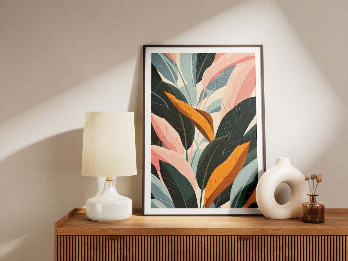 Modern Tropical Leaves Pink Orange Botanical Illustration Poster - Image 2