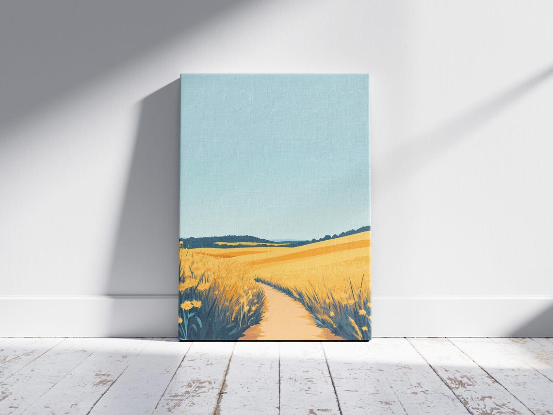 Sunny Yellow Wildflower Field With A Dirt Path Modern Art Poster - Image 2