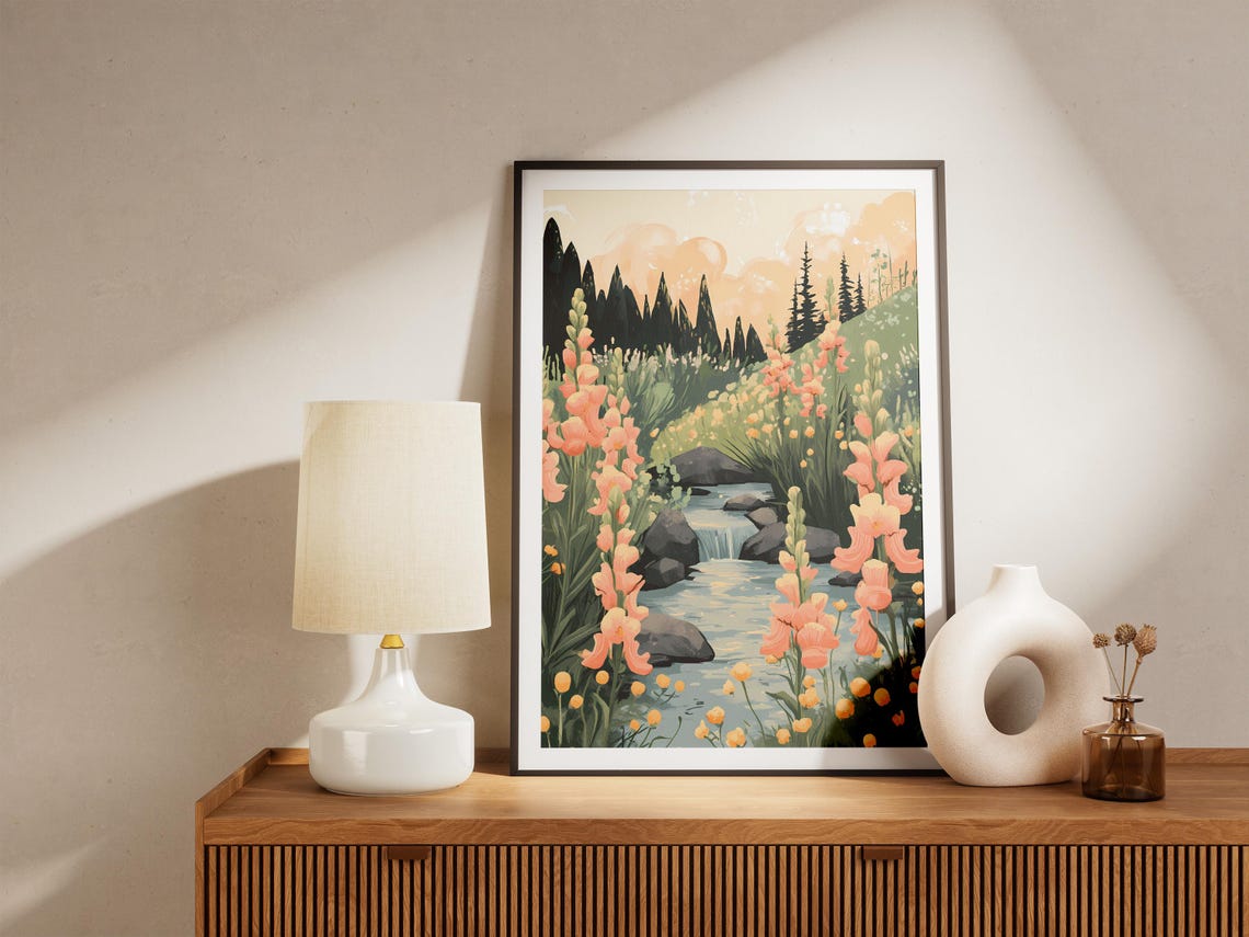 Peach Snapdragons Along a Rocky Stream Waterfall Nature Art Poster - Image 5