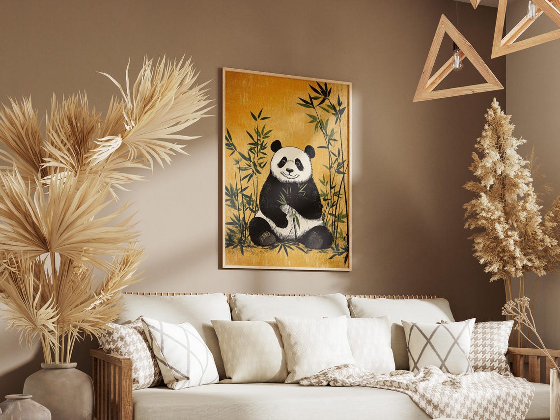 Smiling Panda Eating Bamboo Shoots on Golden Background Art Poster - Image 3