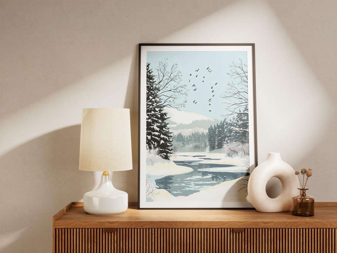 Snowy Forest River With Flying Birds Minimalist Winter Poster - Image 5