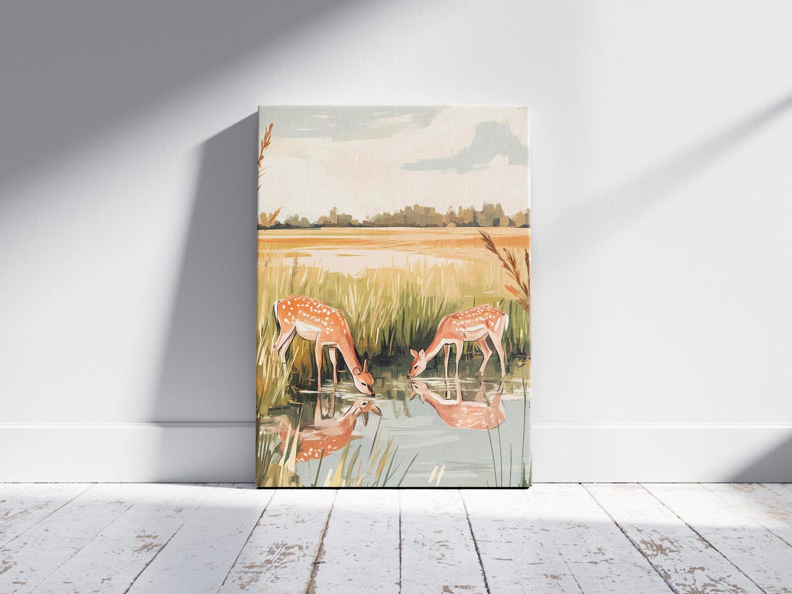 Two Fawns Drinking At Lakeside Meadow Calm Nature Wall Poster - Image 2