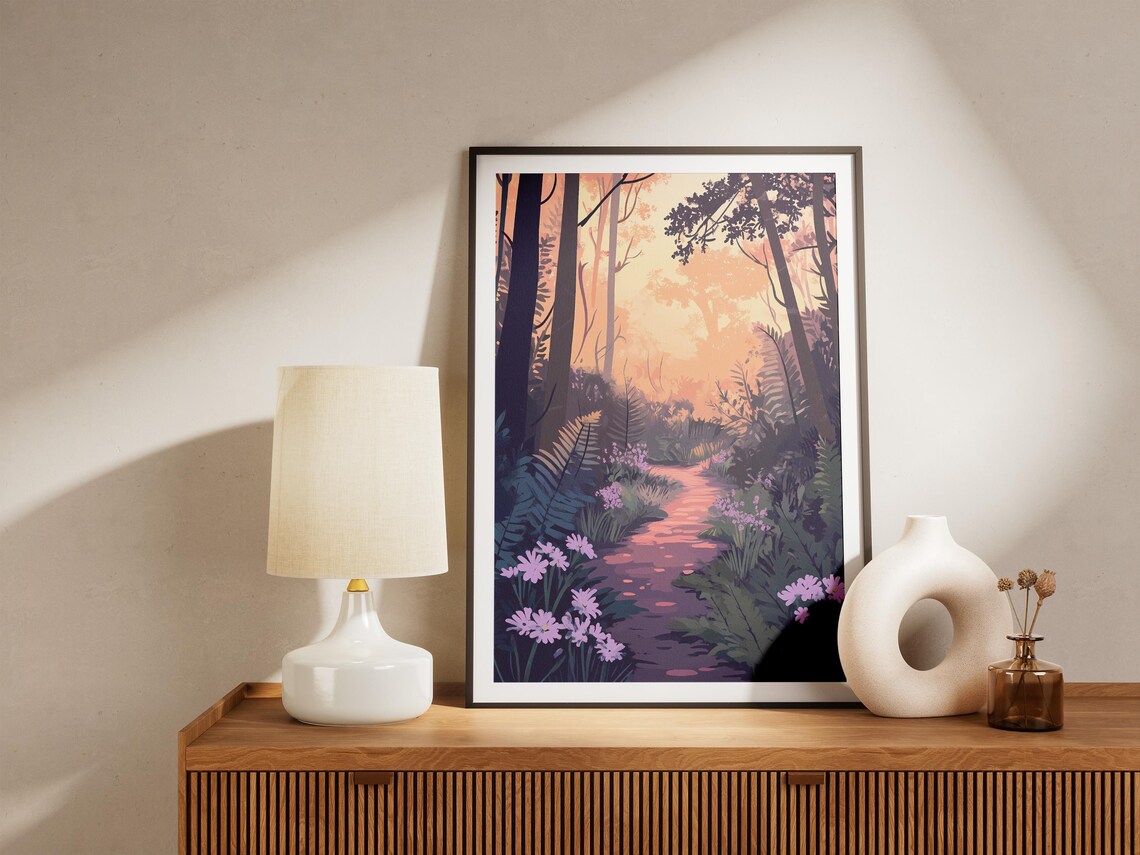 Fern Forest Path Violet Blooms Sunset Glow Woodland Flower Poster - Image 5