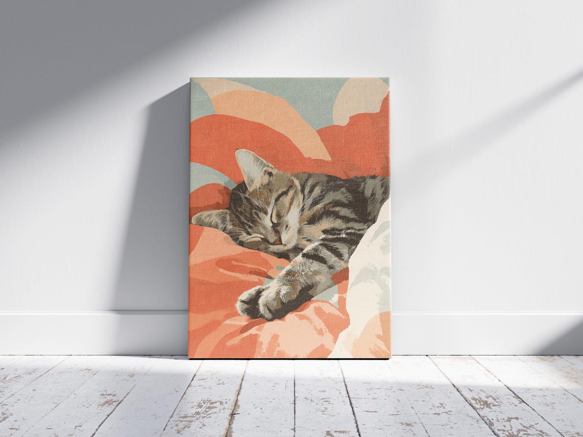 Sleeping Maine Coon Kitten On Warm Terracotta Abstract Art Poster - Image 2