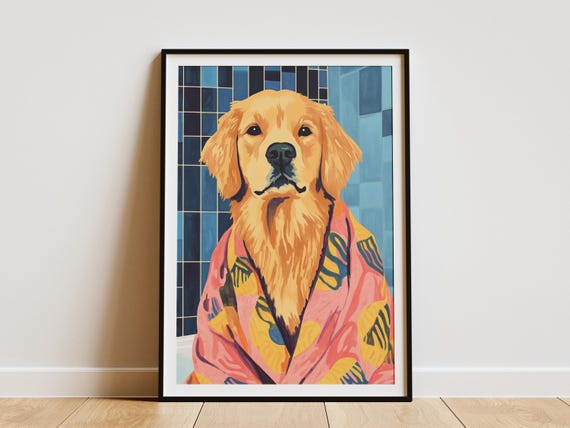 Golden Retriever Puppy Dog Bathrobe Bathroom Art Print Cute Pet Poster Lover Gift Funny Animal Wall Modern Home Decor Canine Artwork