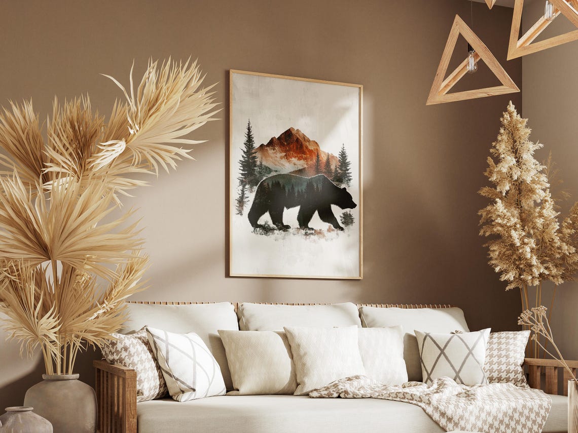 Bear Silhouette Double Exposure Mountain and Forest Art Poster - Image 3