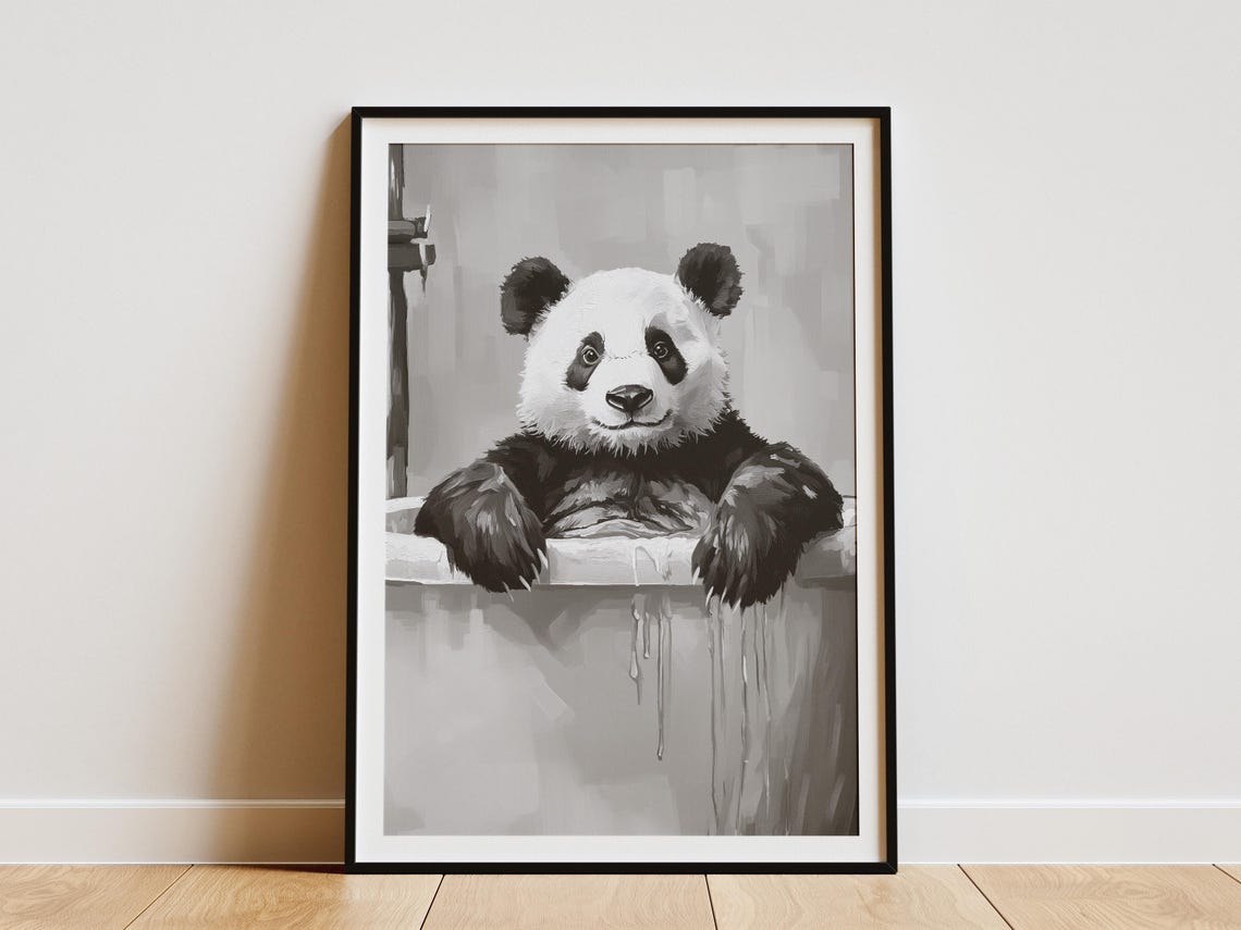 Panda Bear Bathtub Bubble Bath Art Print Cute Animal Poster Minimalist Bathroom Decor Black And White Wall Lover Gift