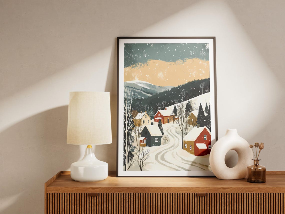 Snowy Village Winter Landscape Poster Cozy Cottage Scene Farmhouse Christmas Print Scandinavian Home Decor Winter Wonderland Art Holiday - Image 5