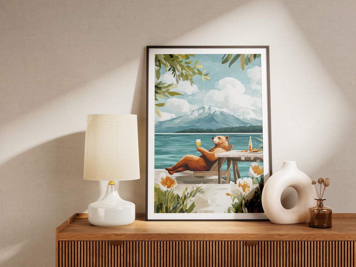 Brown Bear Sipping Wine On A Lake Terrace With Mountain View Poster - Image 5