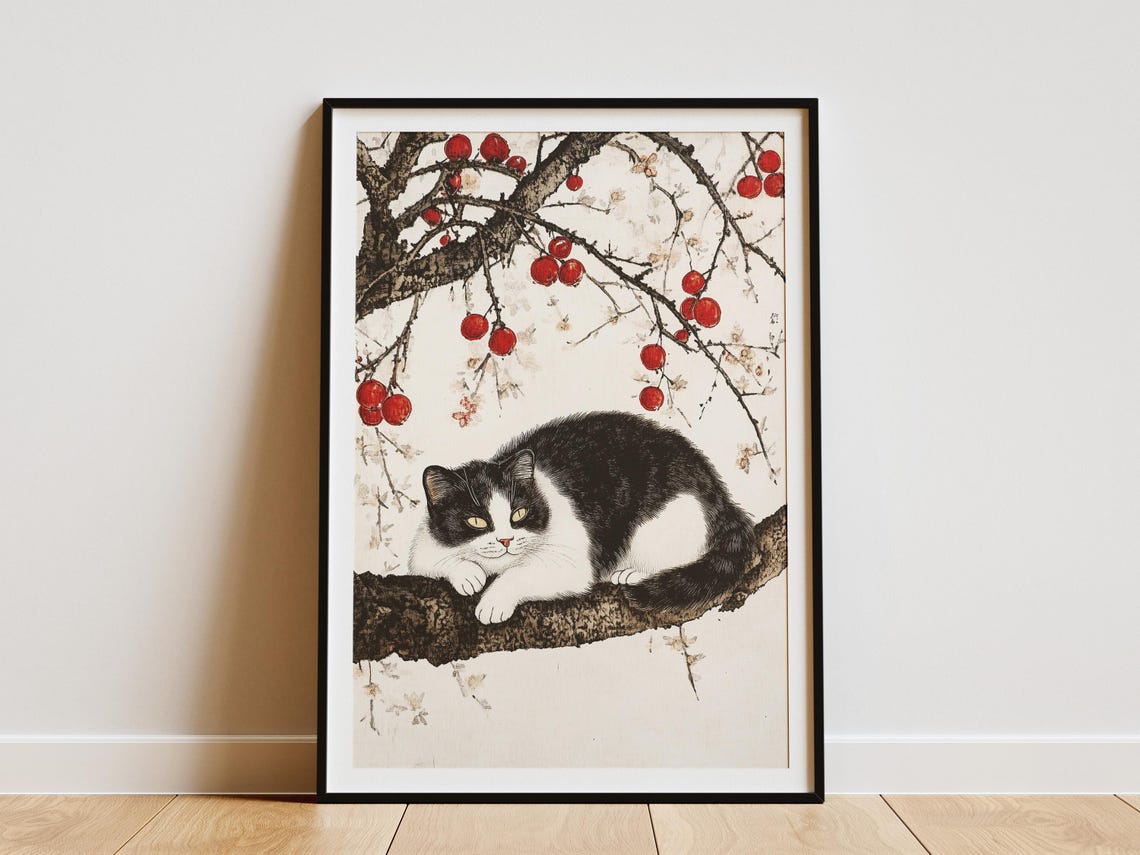 Black and White Cat on Plum Branch Japanese Ink Style Art Poster
