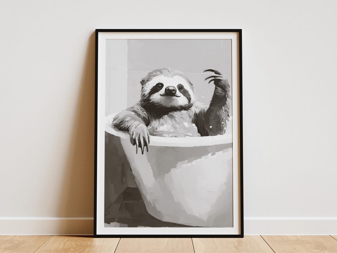 Sloth Taking Bubble Bath Funny Black White Bathroom Animal Poster