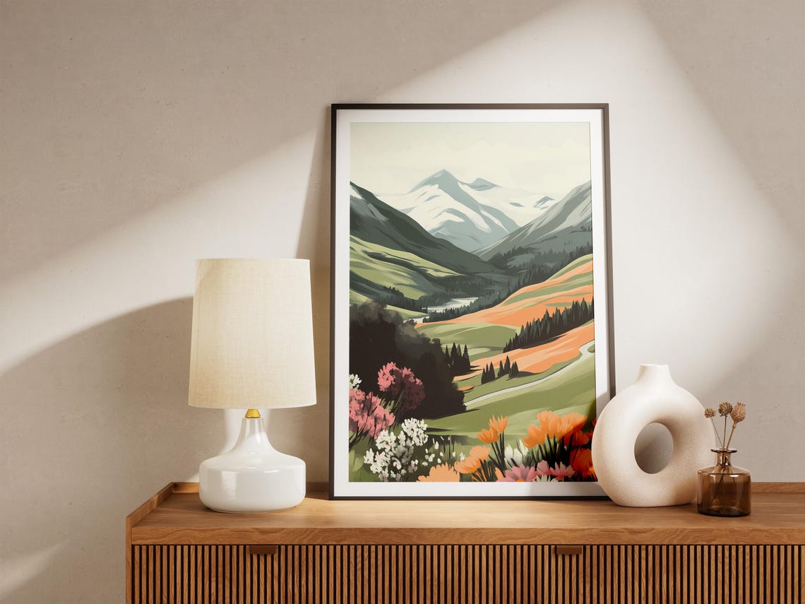 Wildflower Valley Snow Capped Mountain Vista Landscape Art Poster - Image 5