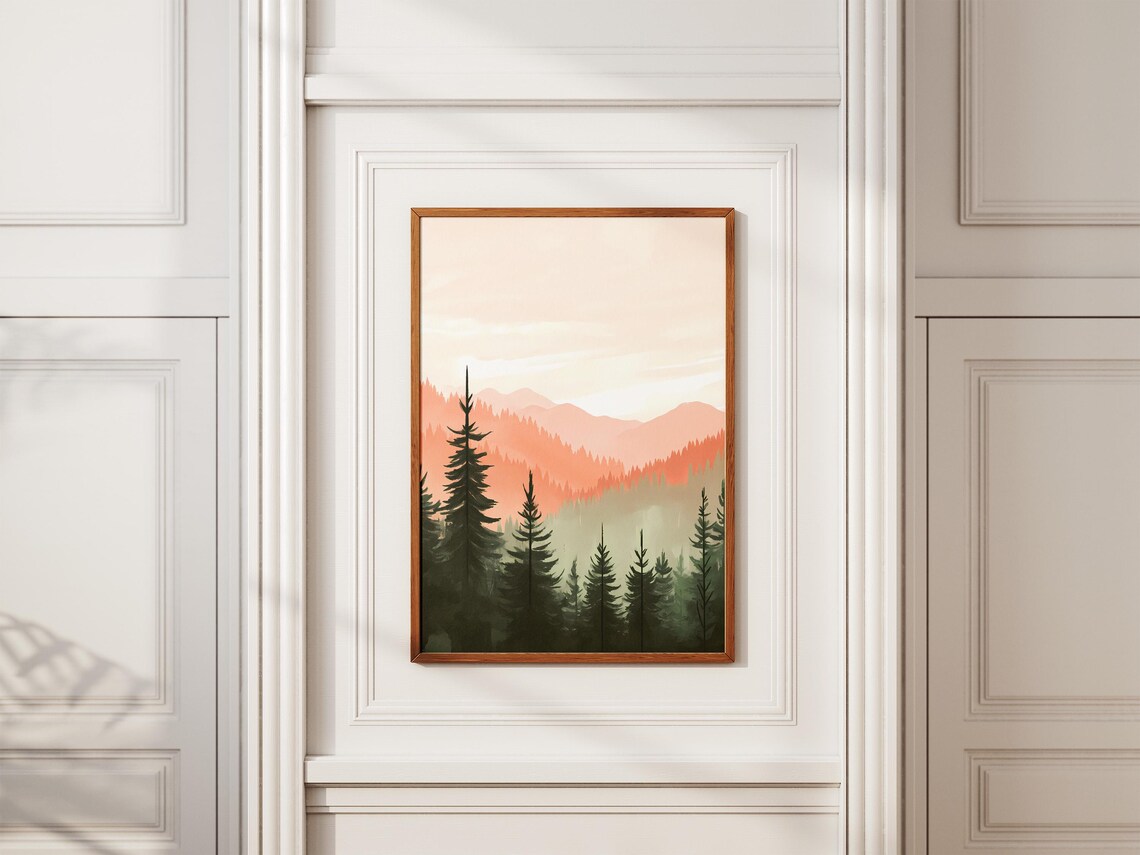 Mountain Forest Poster Peach Sunset Landscape Print Minimalist Nature Wall Art Modern Pine Tree Artwork Calm Forest Scene Home Decor - Image 2