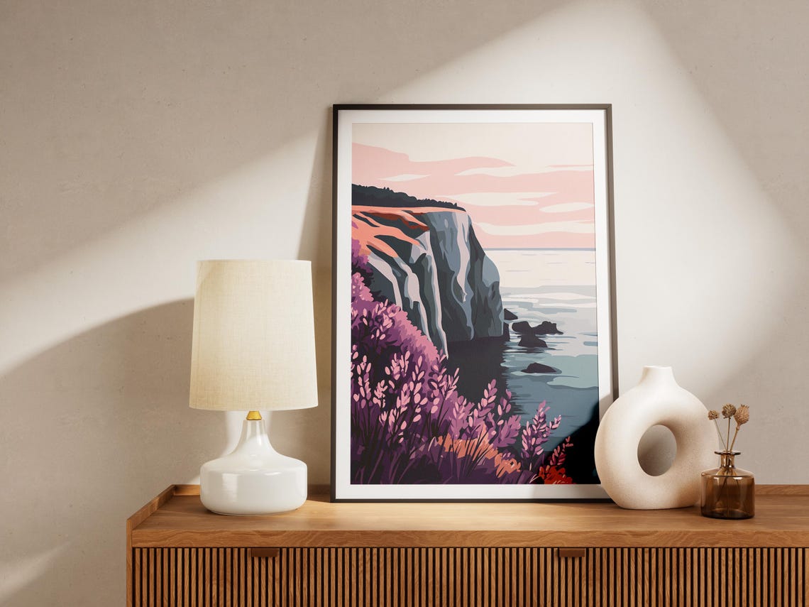 Coastal Cliff at Sunset with Purple Wildflowers and Ocean View Poster - Image 4