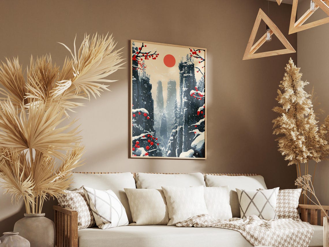 Zhangjiajie Snowy Stone Pillars Red Berries Winter Travel Poster - Image 3