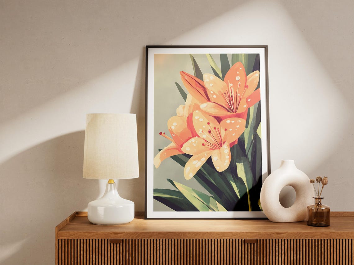 Dew Covered Orange Lily Blossoms Botanical Floral Art Poster - Image 5