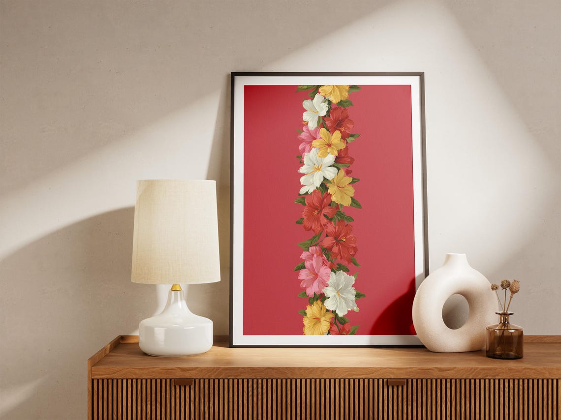 Hawaiian Hibiscus Lei Flower Garland On Bold Red Background Poster - Image 4