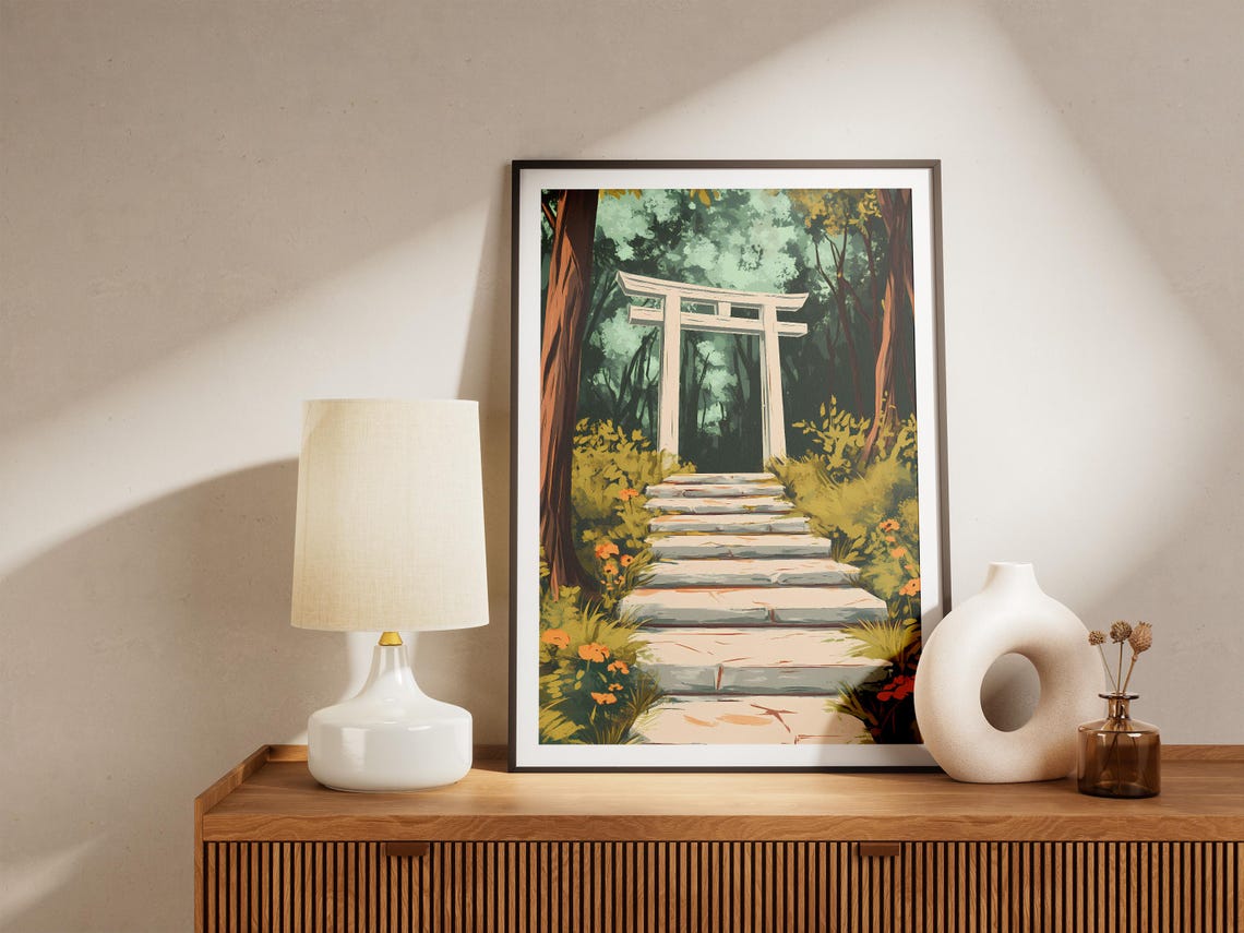 White Torii Gate Stone Steps Into Dark Forest Shrine Path Poster - Image 5