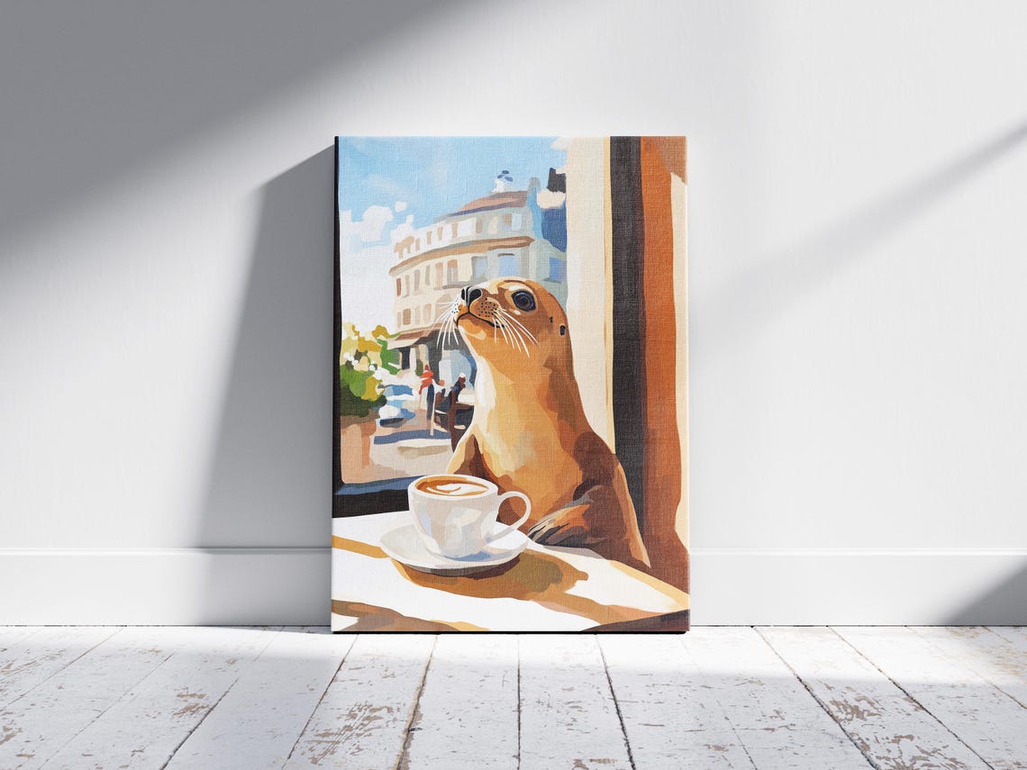 Cute Seal Enjoying a Latte at a Cafe Window Whimsical Animal Poster - Image 2