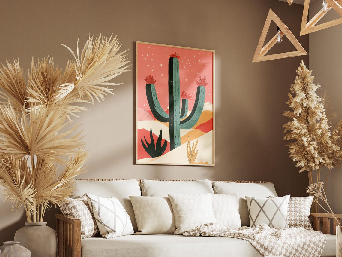 Pink Christmas Cactus Poster with Snowfall and Desert Landscape - Image 3