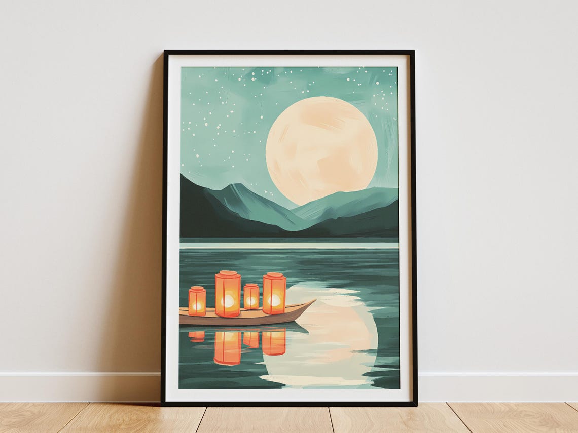 Full Moon Night With Glowing Lanterns on a River Boat Poster