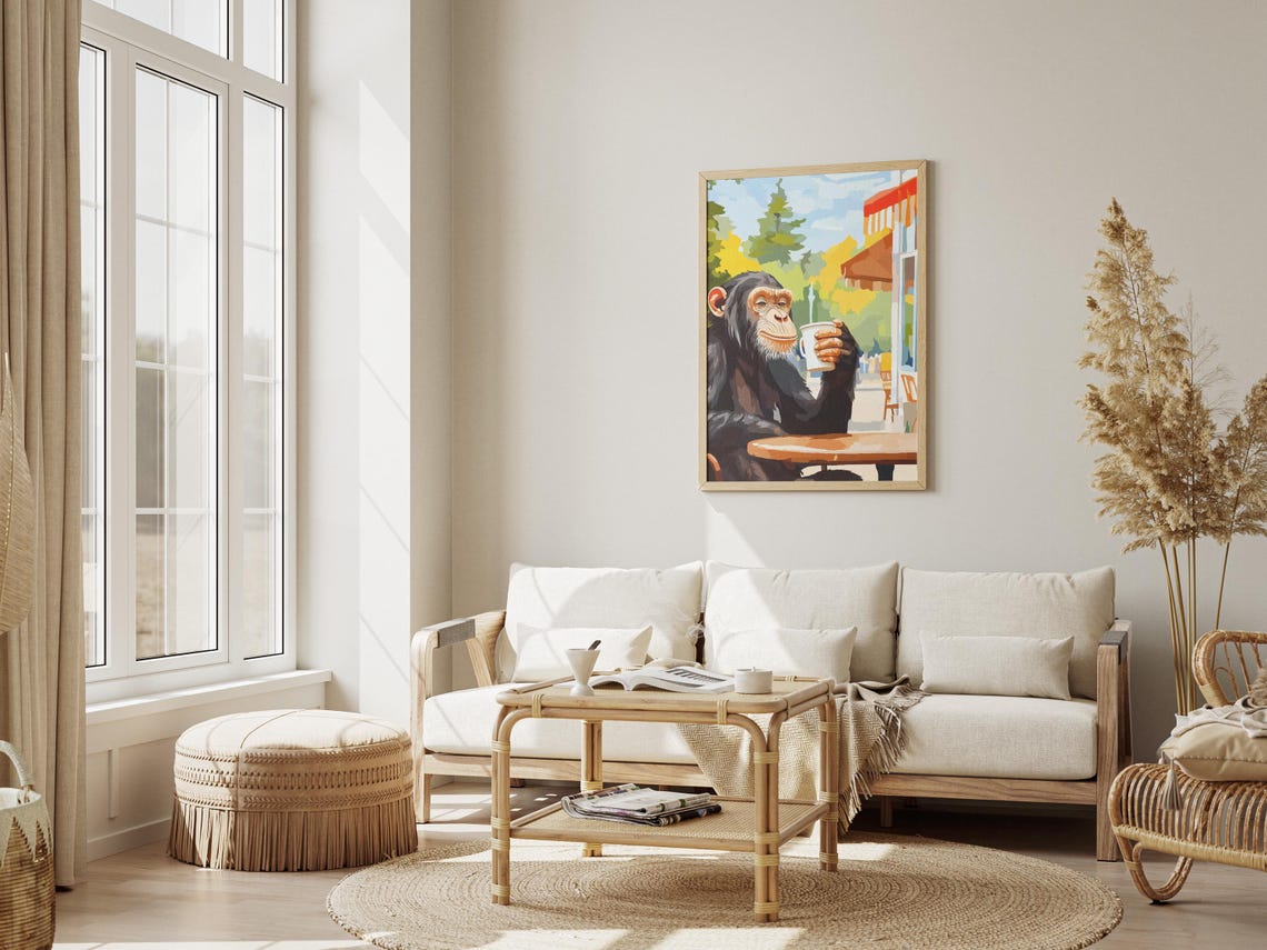 Chimpanzee Holding a Coffee Mug at Sunny Cafe Terrace Poster - Image 3