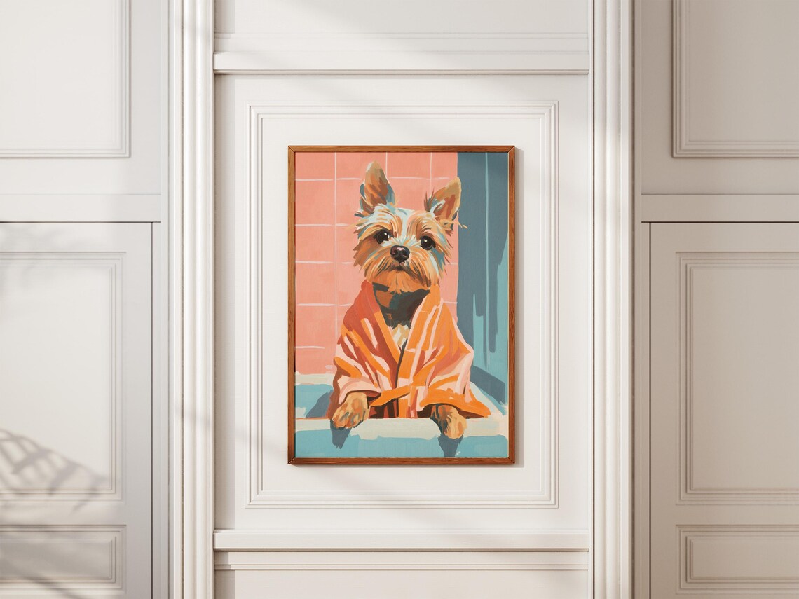 Yorkshire Terrier Bath Time Pink and Teal Tiles Cute Dog Art Poster - Image 2